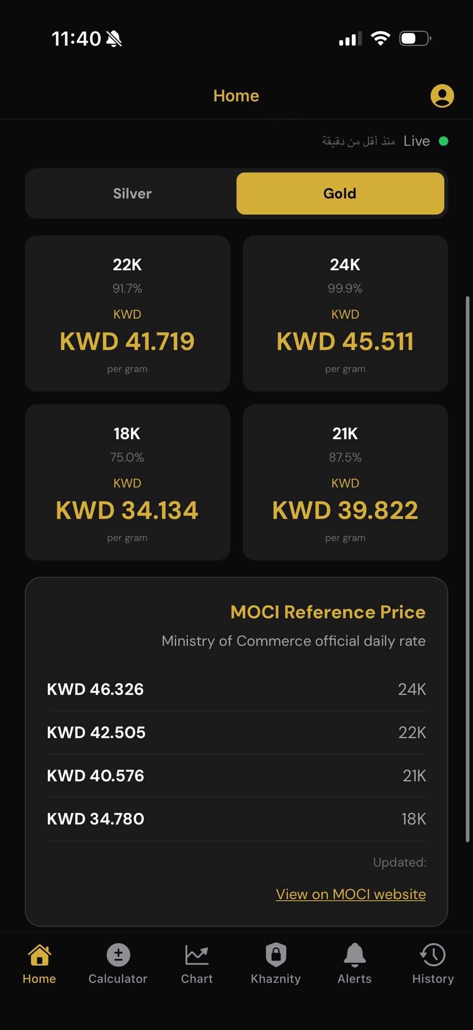 Thhebati app — live gold prices, MOCI reference