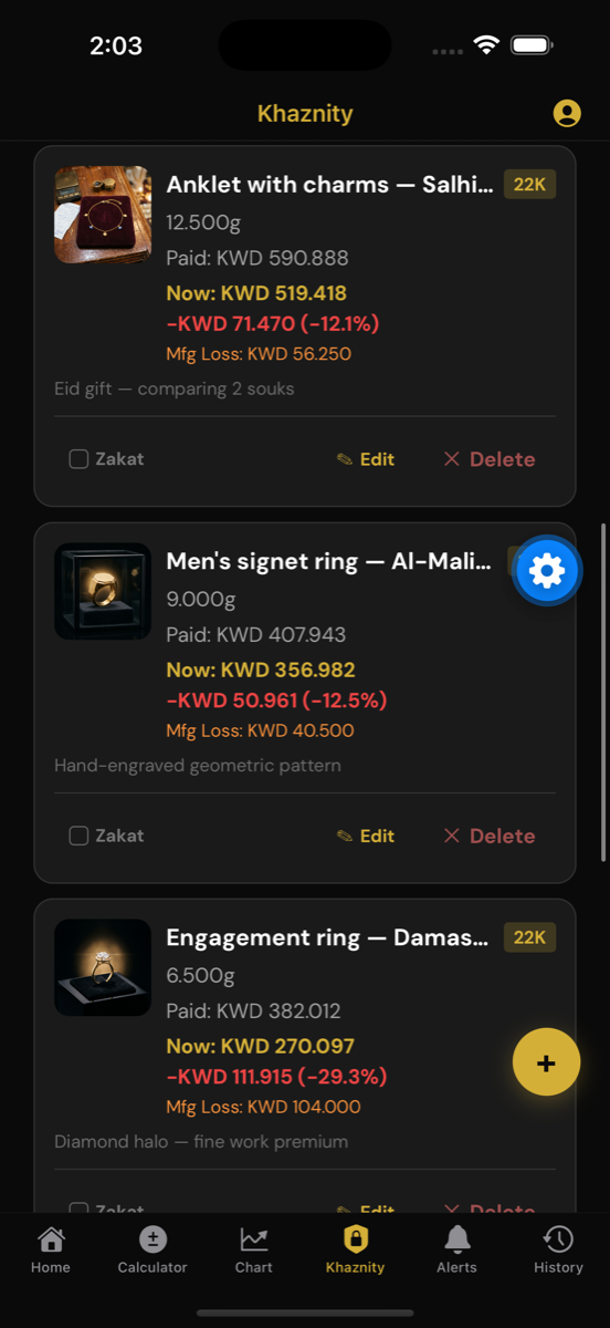 Khaznity — gold piece tracker with profit and loss on every item